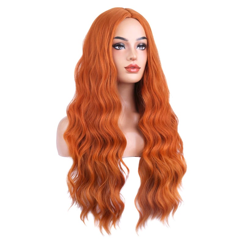 BERON Wigs Orange Long Wavy Wig for Women Curly Ginger Heat Resistant Synthetic Hair Wigs for Daily Use with Wig Cap - Image 1